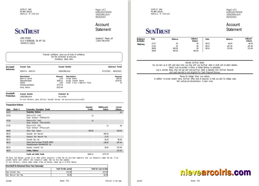 USA Suntrust bank account statement Word and PDF, 2 pages scr
